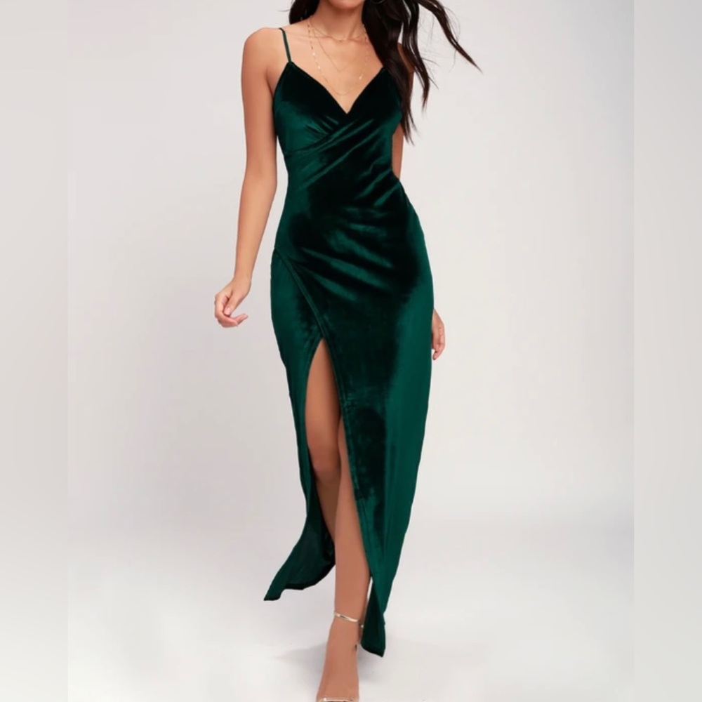 Lulus Debut Diva Forest Green Velvet Maxi Dress, size small